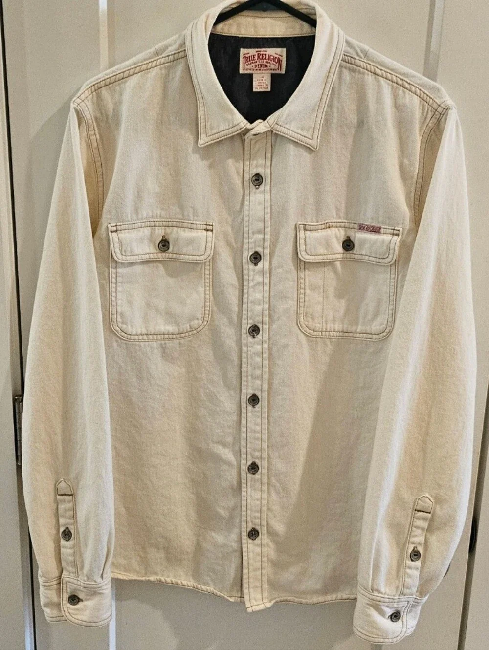 True Religion Button-Down Denim Work Shirt - Cream White - Size Large